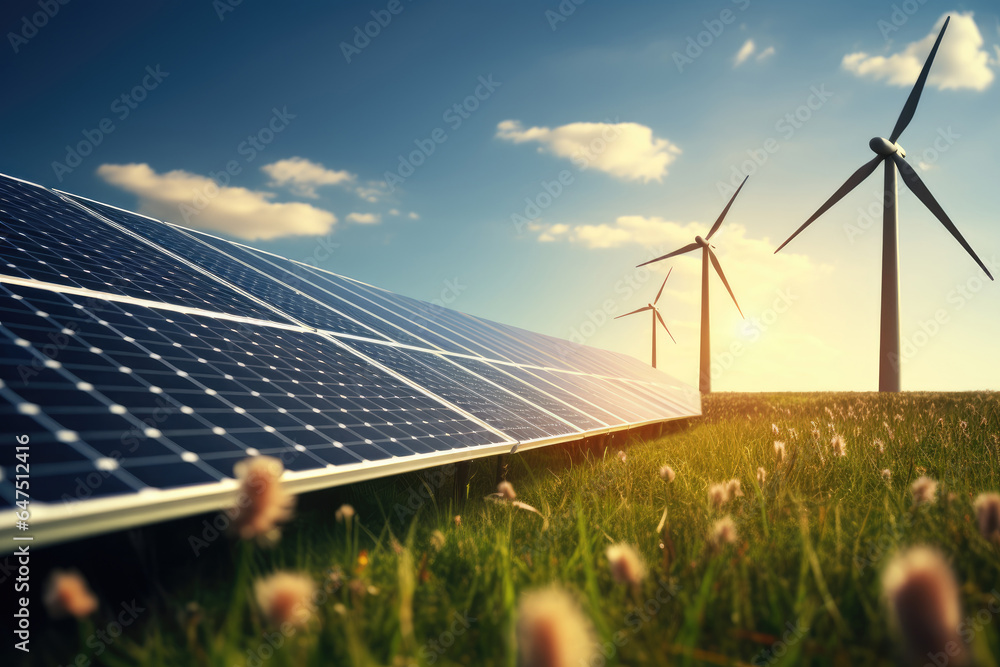 Green energy concept banner design with wind turbines and solar panels ...