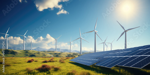 Green energy concept banner design with wind turbines and solar panels landscape. Renewable sources of solar and wind energy.