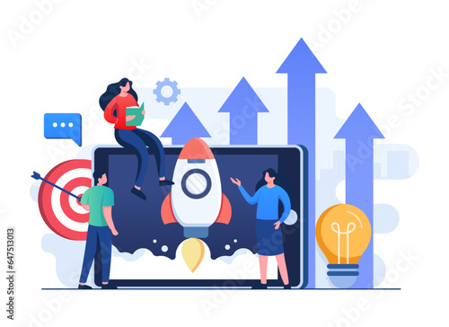 Businesspeople launches startup business project, successful business strategy, Business development, Entrepreneurship, Innovation product, creative idea, Teamwork brainstorm concept flat illustration