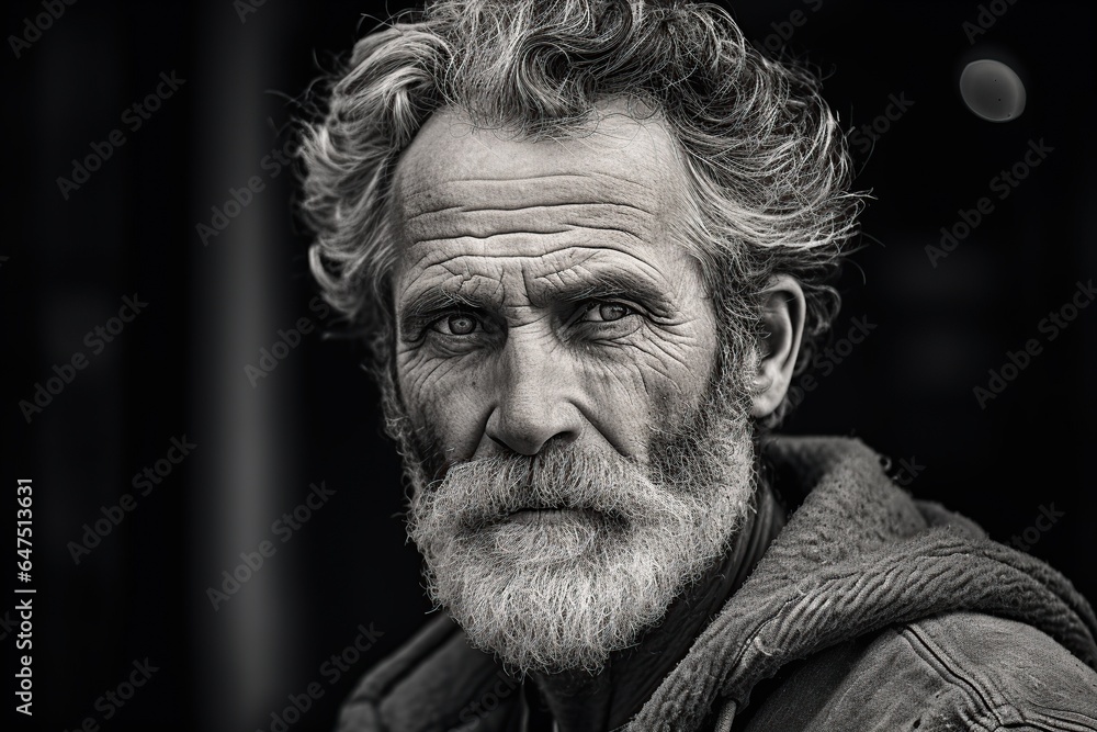 Close-up portrait of A bearded man 70 year old looks at the camera Close-up portrait of A bearded man 70 year old looks at the camera