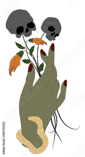 Female Zombie Hand Graphic Holding Bouquet of Skulls photo