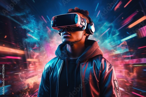 Portrait of a man wearing virtual reality goggles. Futuristic technology concept.