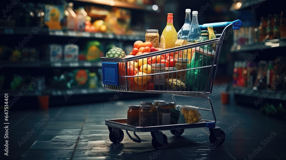 Shopping cart full of food and drinks and supermarket shelves behind grocery shopping concept. - obrazy, fototapety, plakaty 