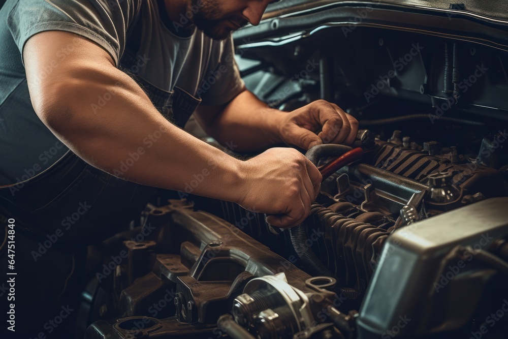 Mechanic inspecting the underside of a car engine with professional ...