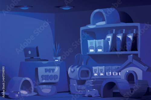 Closed dark pet store interior at night. Cartoon petshop with domestic animals care stuff and accessories. Counter with cash register, shelves with cat and dog food, houses and beds for pets.
