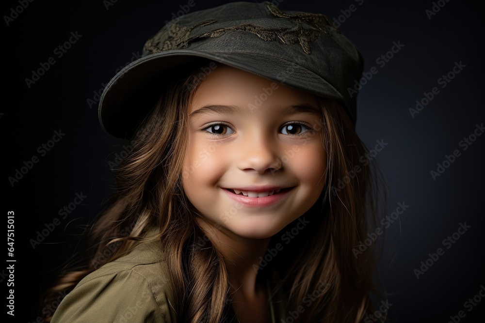Portrait of a little girl in a military uniform. Studio shot. Portrait of a little girl in a military uniform. Studio shot.