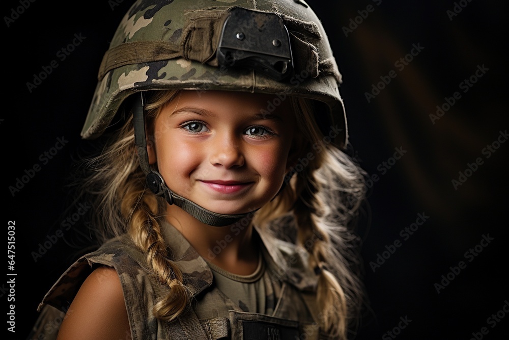 Portrait of a little girl in a military uniform. Studio shot. Portrait of a little girl in a military uniform. Studio shot.