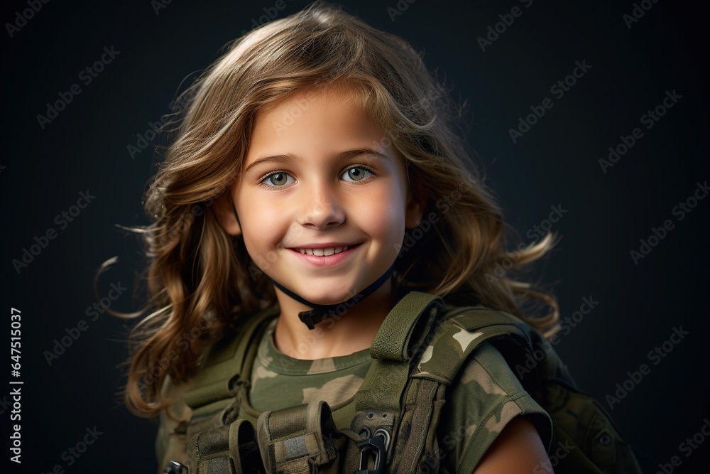 Portrait of a little girl in a military uniform. Studio shot. Portrait of a little girl in a military uniform. Studio shot.