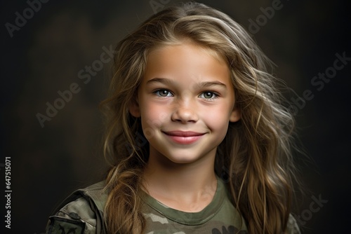 Portrait of a little girl in a military uniform. Studio shot.