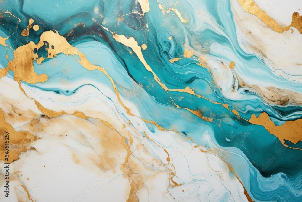Turquoise Gold Marble Abstract Background with Elegant Swirls of White, Gold, and Ivory, Copy Space