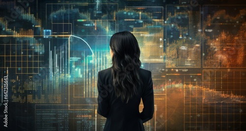 Businesswoman in Suit Engaged in Virtual Screen Business Analysis