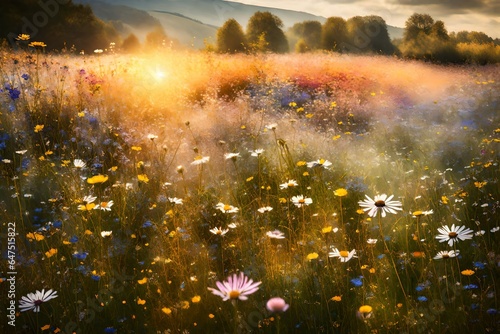 sunset in the flowers field