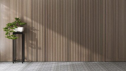 Japanese large bonsai tree in white pot in sunlight, shadow on blank wood panelling wall, gray carpet floor. Luxury interior design decoration, fashion, beauty, product display background 3D