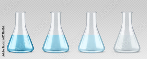 Laboratory blue liquid experiment in glass beaker realistic 3d test equipment set. Fluid chemical reaction in erlenmeyer glassware for concentration color analysis. Measuring research container