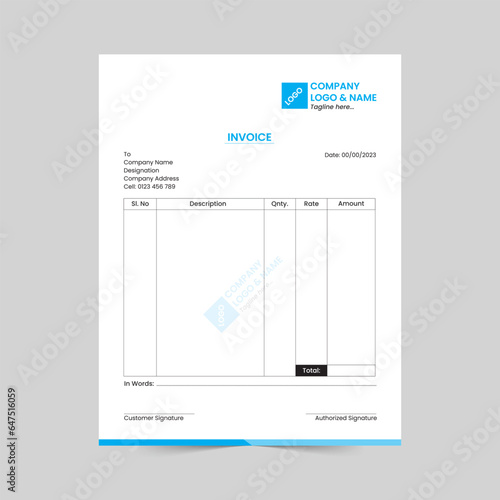 Invoice or Bill Template design in minimal style for your business or company