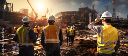 A group of civil engineers, dressed in safety vests and helmets, stands on a road construction site.Generated with AI