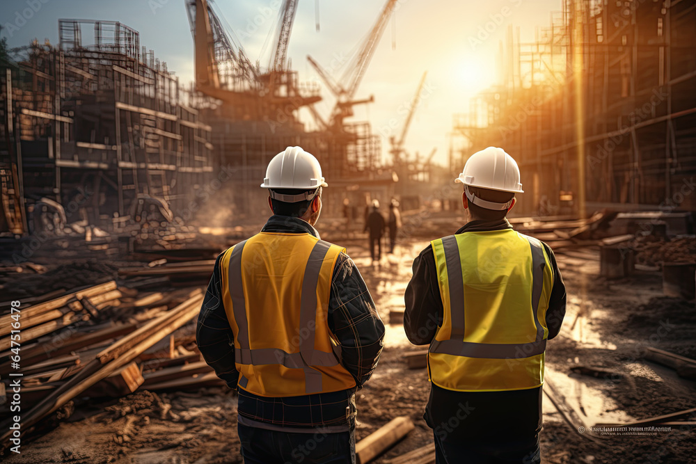 A group of civil engineers, dressed in safety vests and helmets, stands on a road construction site.Generated with AI A group of civil engineers, dressed in safety vests and helmets, stands on a road construction site.Generated with AI