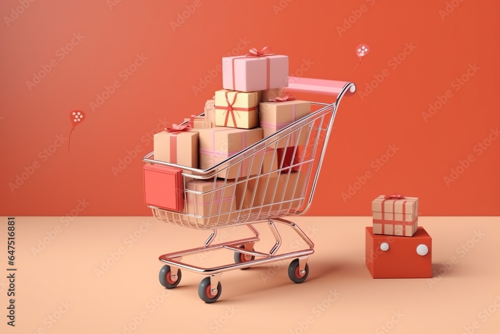 Shopping cart with Parcel boxes, shopping and delivery concept, Shopping Online Concept