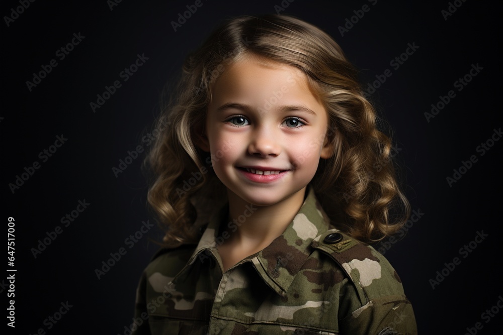 Portrait of a beautiful little girl in a military uniform on a dark background Portrait of a beautiful little girl in a military uniform on a dark background