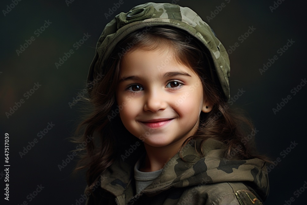 Portrait of a beautiful little girl in a military uniform on a dark background Portrait of a beautiful little girl in a military uniform on a dark background
