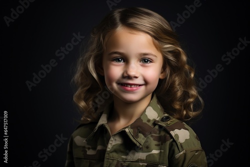 Portrait of a beautiful little girl in a military uniform on a dark background