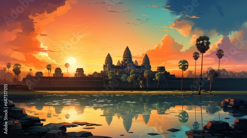 Angkor Wat Poster in the Evening with Blue Sky View generative ai