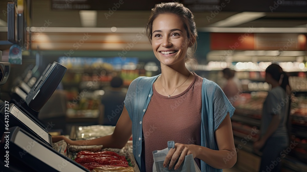 Beautiful smiling cashier working at grocery store,cashier