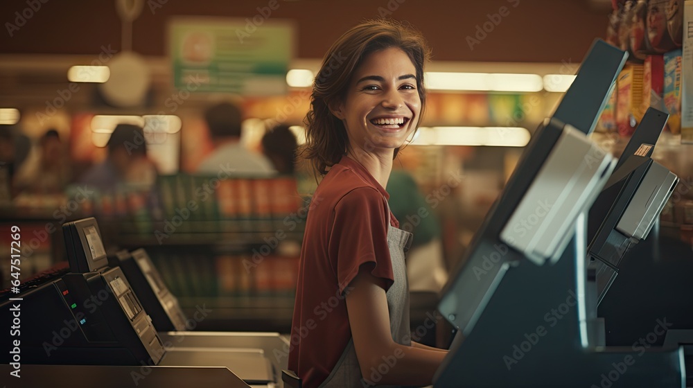 Beautiful smiling cashier working at grocery store,cashier - obrazy, fototapety, plakaty 