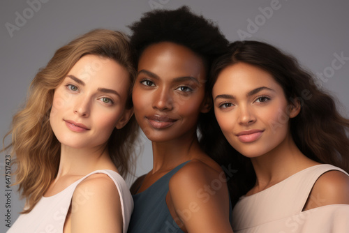 Three women standing together, posing for picture. This image can be used for social media, advertising, or as representation of friendship and unity.