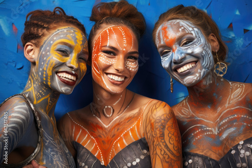 Group of three women with painted faces. This image can be used for various purposes such as theater performances, Halloween parties, or artistic projects.