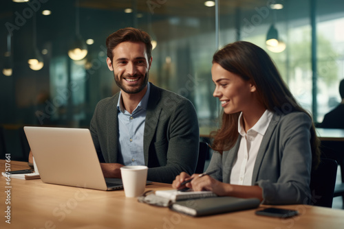 Man and woman sitting at table, focused on their laptop. This image can be used to depict teamwork, collaboration, or working together in professional setting.