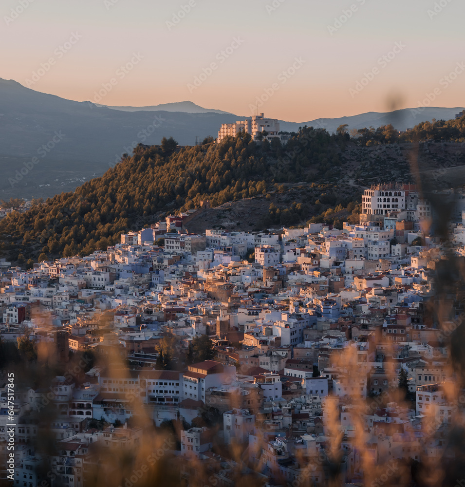 sunset over the city of chefchaouen morocco