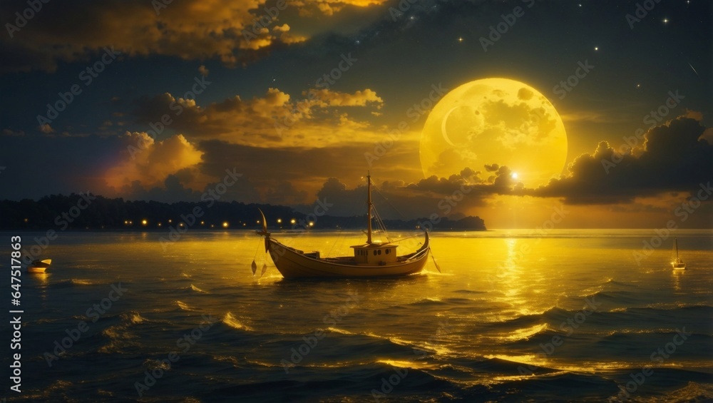 A rising New Moon in yellow a sickle above a fishersboat