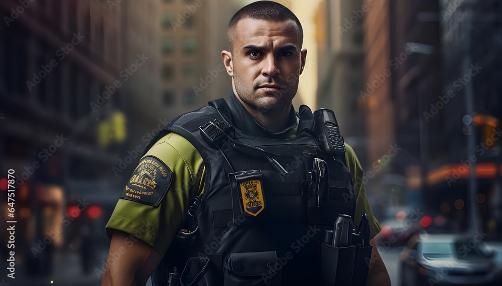 Fototapeta premium Portrait of a powerful and strong policeman in the city