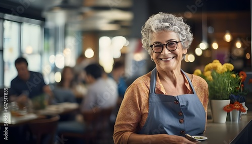 Elderly woman with apron cheerfully working in a café