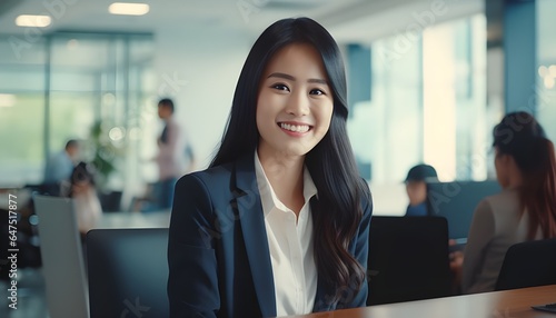 Joyful Asian woman in an office work environment