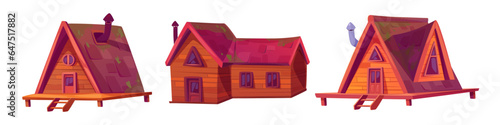 Wooden cabin clipart, summer forest house vector set. Wood mountain shack icon isolated on white background. Timber cottage building on piles with door, lodge, window and roof illustration kit.