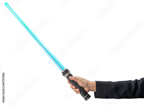 Photography Strategy concept,Businessman Hand holding Blue Lightsaber on white background, Hand Holding reflective sword on White PNG File
