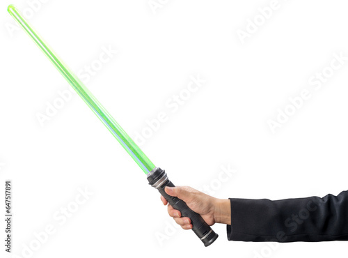 Foto Strategy concept,Businessman Hand holding Green Lightsaber on white background, Hand Holding reflective sword on White PNG File