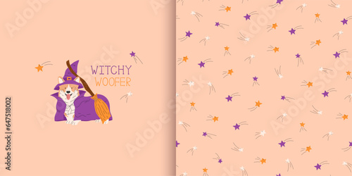 Greeting card with corgi in witch Halloween costume. Halloween seamless pattern with stars. Trick or treat. Happy Halloween vector illustration in a flat style. Ideal for holiday cards, decorations