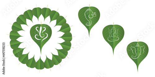 peepal leaf cut ganpati set. Decoration for Indian Hindu Auspicious Occasion, ganesh chaturthi special. natural peepal leaf ornate vector, editable design.