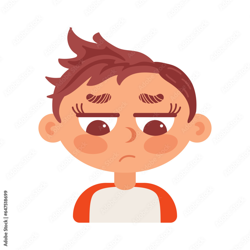 Cute brunette boy sad. In cartoon style. Human emotions, Psychological health, Welness.