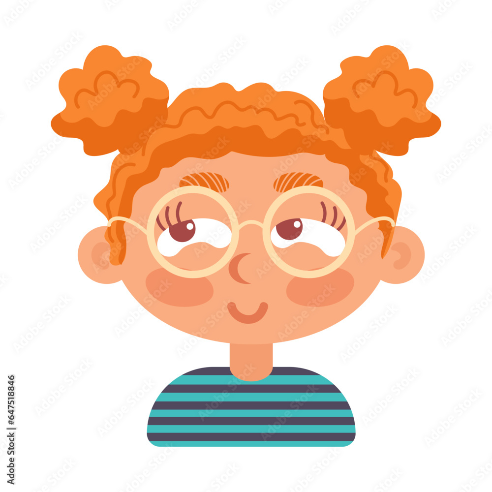 Cunning curly-haired red-haired girl with ponytails wearing glasses smiling. In cartoon style. Human emotions. Psychological health, Welness. Cunning curly-haired red-haired girl with ponytails wearing glasses smiling. In cartoon style. Human emotions. Psychological health, Welness.