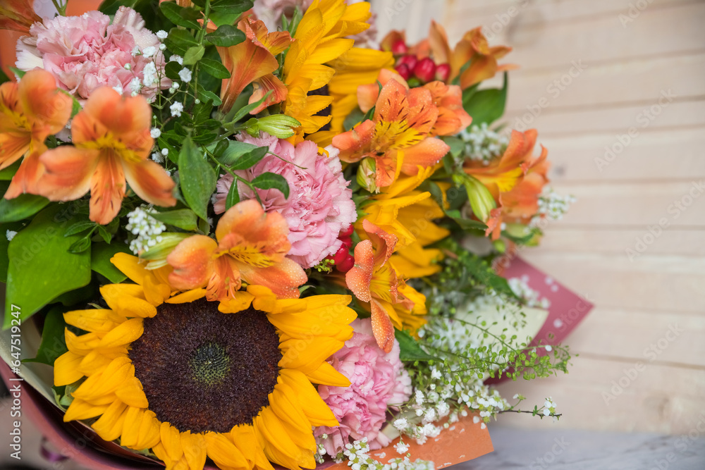 custom made wallpaper toronto digitalAutumn bouquet with garden flowers. Beautiful autumn bouquet in on a wooden table. Colorful carnations and alstroemeria .fresh multicolored flowers in a vase.Knowledge Day.teachers day