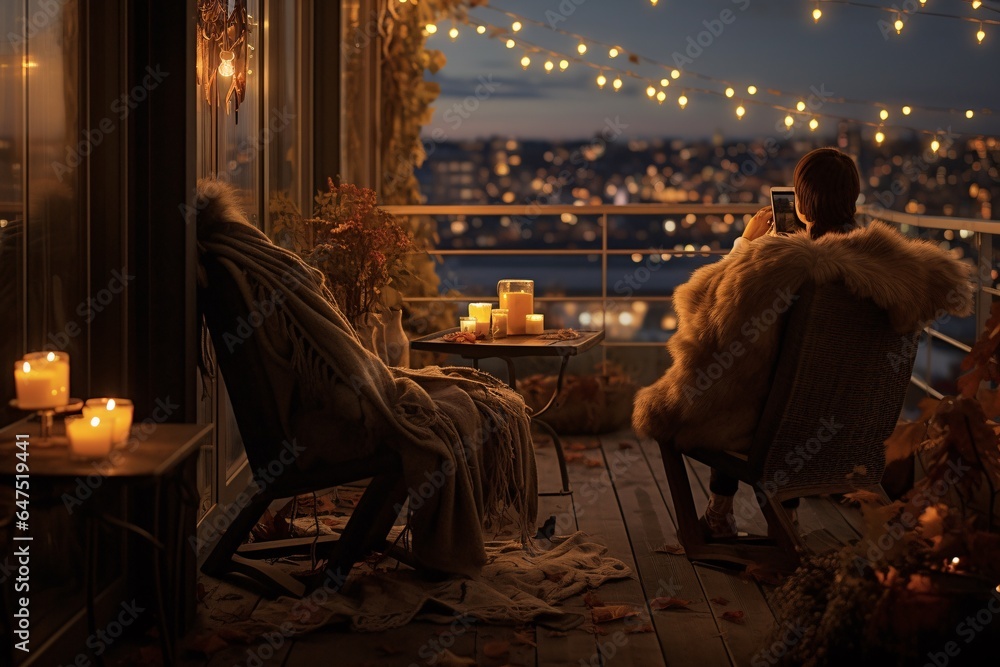 a balcony adorned with fairy lights and autumn decorations