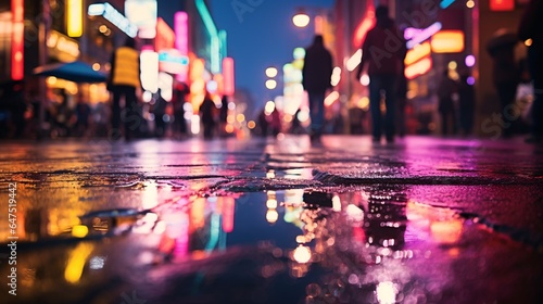 a neon-lit street after a downpour. Puddles on the asphalt reflect the vivid neon signs, while pedestrians with clear umbrellas navigate the shimmering landscape