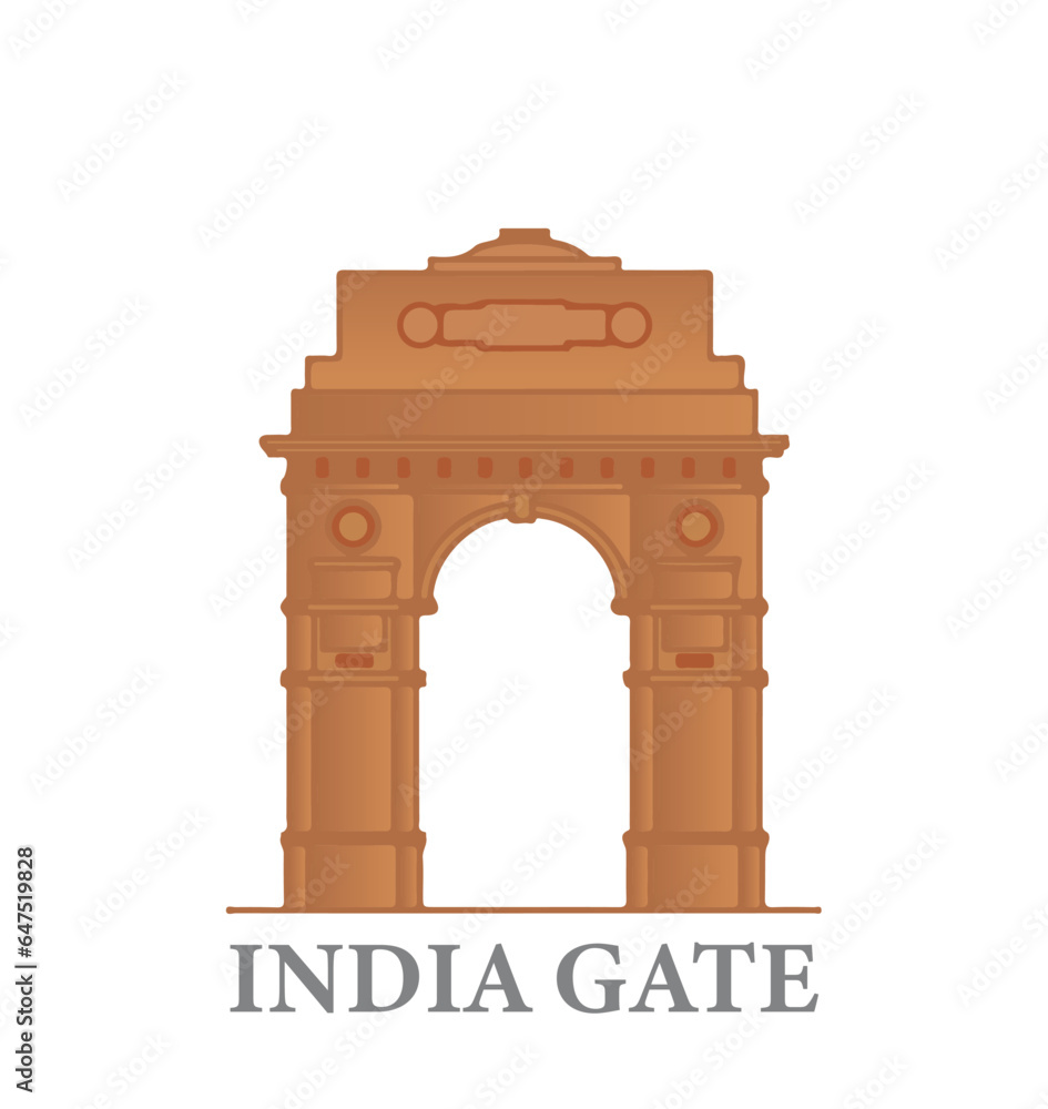 The India Gate isolated on white background. Indian famous landmark in Delhi capital of India