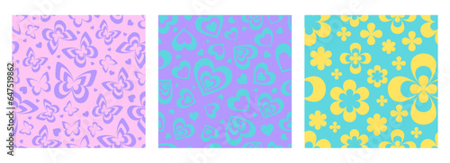 Y2k seamless pattern with groovy flowers hearts and butterfly. Retro print with aesthetic daisies. Vector set
