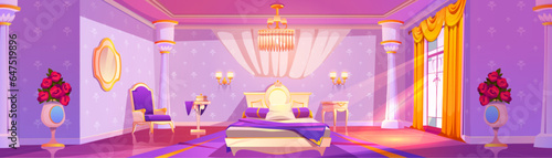 Princess bedroom interior - royal castle girly room for sleeping and relaxing with big bed, mirror on wall and window with curtains. Cartoon fairytale palace inside with luxury antique furniture.