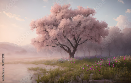 Fantasy fairy-tale landscape in pink tones  trees  flowers  grass  Generative AI